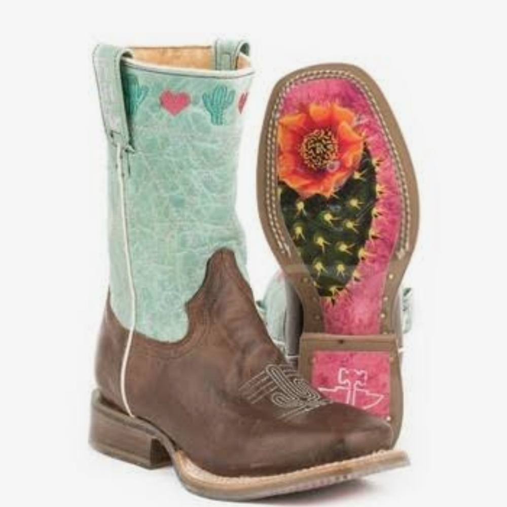 TIN HAUL I<3 Cactus🌵 cowgirl boots brown/lake green/pink sz 2 little girl NWT